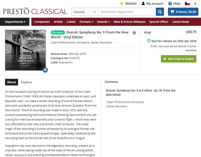 Sales: Presto Classical, the recording’s page with its worldwide release date and price in EUR.